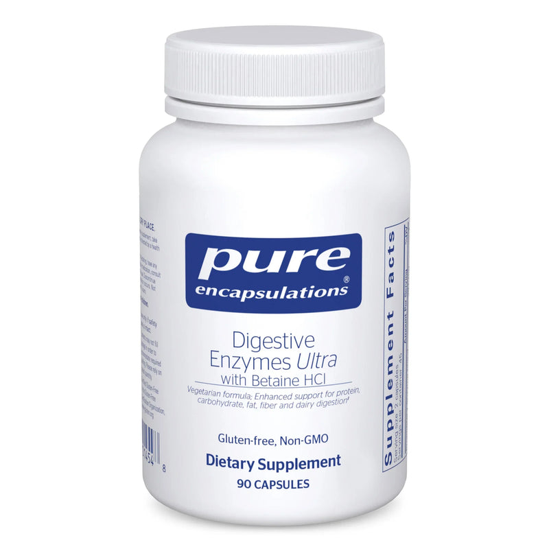 A Supplement container with the name Digestive Enzymes Ultra with Betaine HCI by Pure Encapsulations.