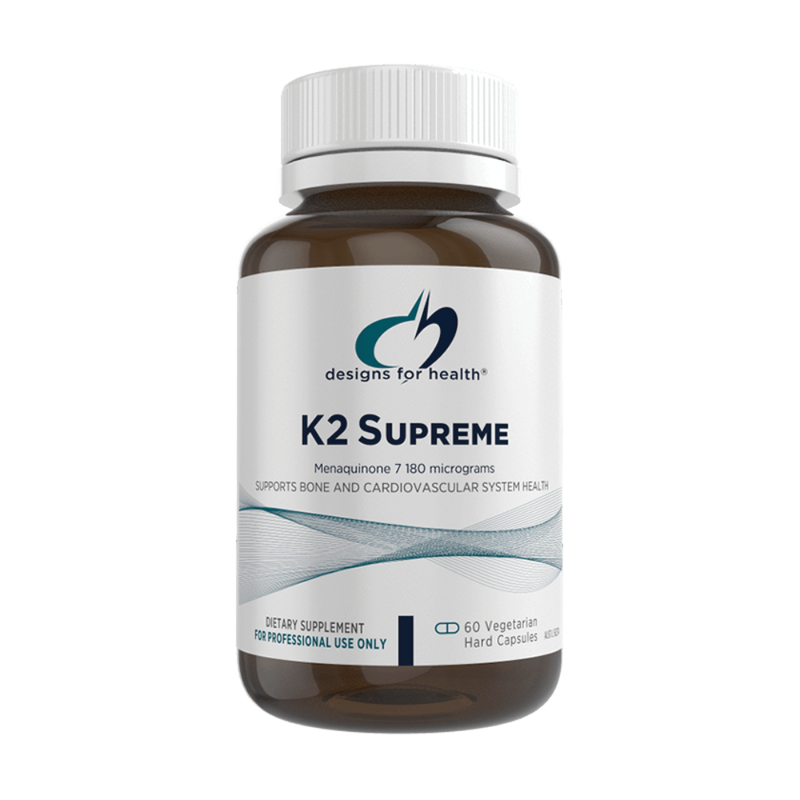 A Supplement container with the name K2 Supreme by Designs for Health.