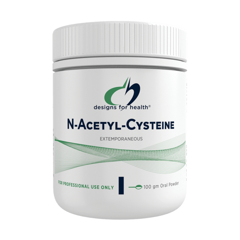 A Supplement container with the name N-Acetyl-Cysteine 100g (NAC) by Designs for Health.