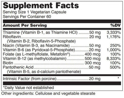 This is a picture ingredients: Thiamine, Riboflavin. Niacin B-6, Folate, Vitamin B-12, Biotin, Pantothenic Acid. Intrinsic Factor. 