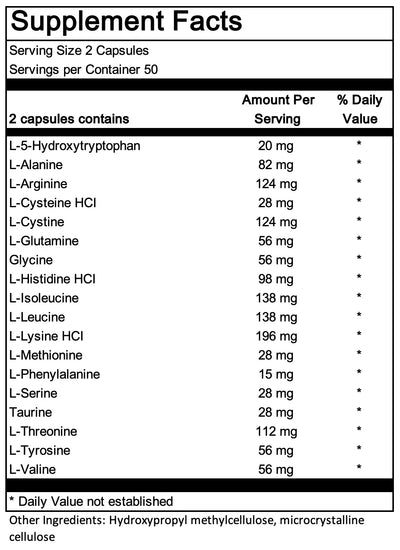 Text describing the ingredients: L-5_ Hydroxytryptophan, L-Alanine, L-Arginine, L-Cysteine HCI, L-Glutamine, Glycine, L-Histidine HCI, L-Isoleucine, L-Lysine HCI, L-Methionine, L-Phenylalanine, L-Serine, Taurine, L-Threonine, L-Tyrosine, L-Valine.