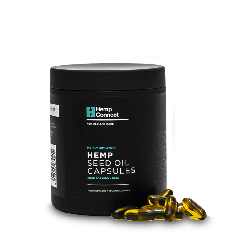 A Supplement container with the name Hemp Seed Oil Capsules y Hemp Commect.