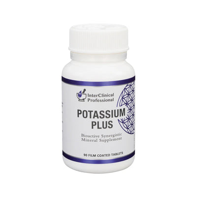 A supplement bottle with the name Potassium Plus by Interclinical Professional