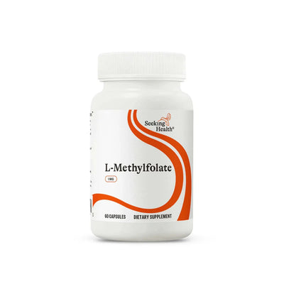 A Supplement container with the name L-Methylfolate by Seeking Health.