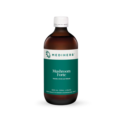 A Supplement container with the name Mushroom Forte (Liquid) by MediHerb.