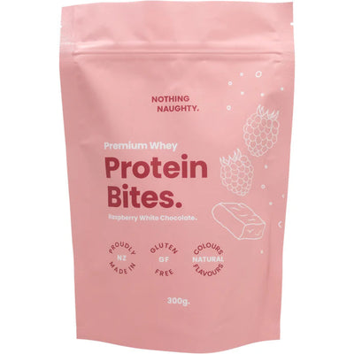 A Supplement container with the name Raspberry White Chocolate Whey Protein Bites by Nothing Naughty.