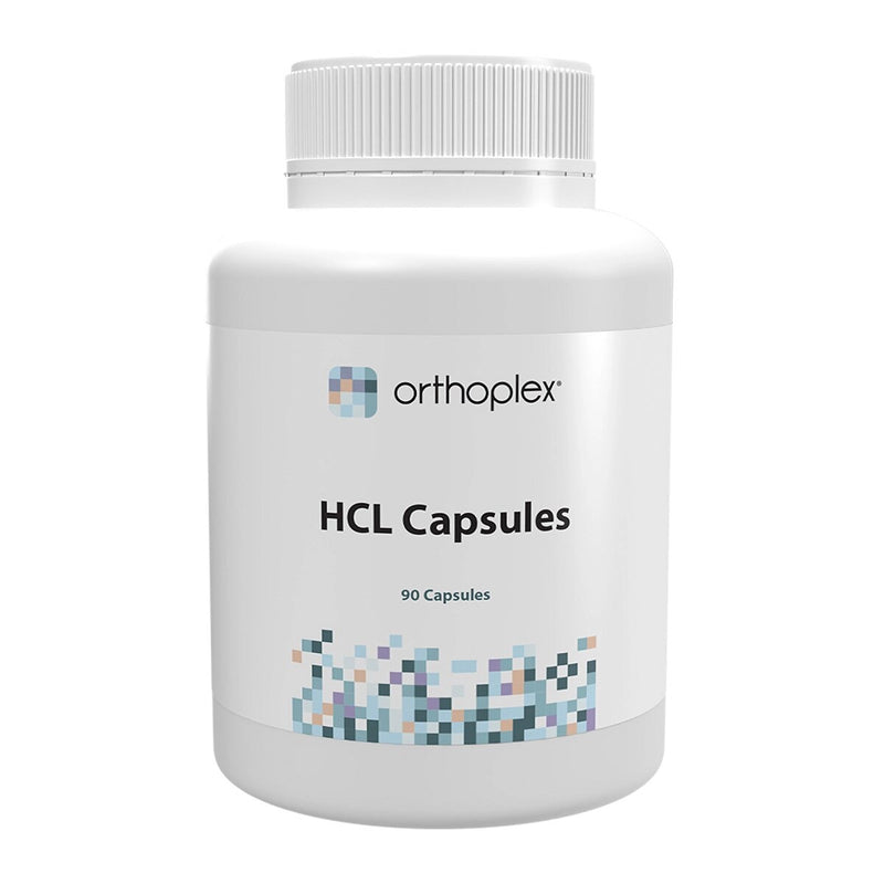 A Supplement container with the name HCL Capsules by Orthoplex White.