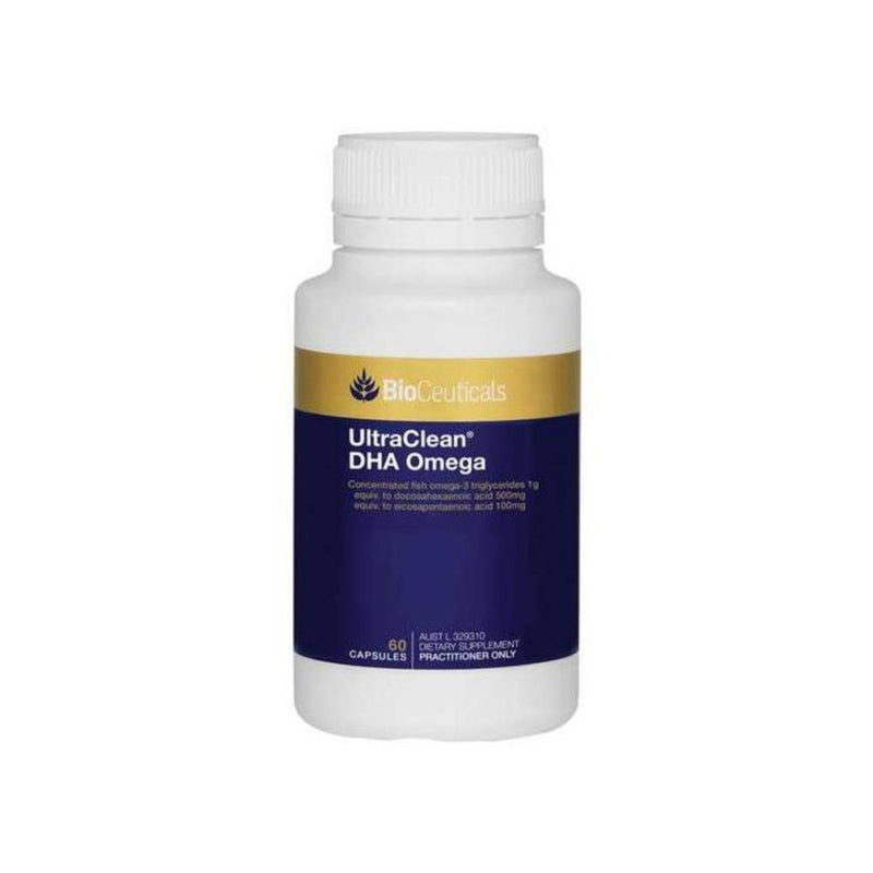 A Supplement container with the name UltraClean DHA Omega by BioCeuticals.