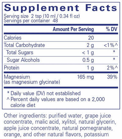 Text describing the ingredients: Magnesium (as magnesium glycinate) 165mg