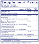 Text describing the ingredients: Pantothenic acid, Asia ginseng, Eleuthero, Ashwagandha, Rhodiola, Astragalus 