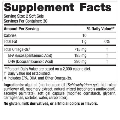 Text describing the ingredients: Total Omega-3s 715mg, EPA 195 mg, DHA 390mg.