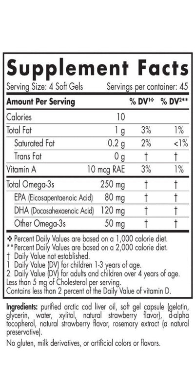 Text describing the ingredients: Vitamin A, EPA, DHA, Omega 3s.