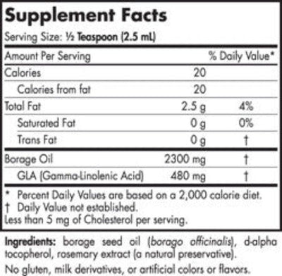 Text describing the ingredients: Borage Oil, GLA (Gamma-Linolenic Acid).