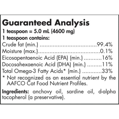 Text describing the ingredients: Crude Fat, Moisture, Eicosapentaenoic Acid, Docosahexaenoic Acid, Omega-3 Fatty Acids.