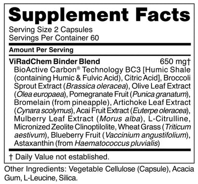 Image of ViRad Chem Binder table of content: Bioactive Carbon, Broccoli Sprouts extract, olive leaf extract, pomegranate fruit, bromeleain, artichoke leaf extract, acai fruit extract, mulberry leaf extract, l-citrulline, micronised zeolite cliniptilolite, wheat grass, blueberry fruit, astaxanthin.