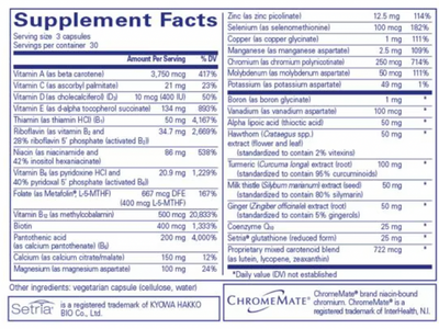 Beta carotene,
Lycopene,
Lutein,
Zeaxanthin,
Vitamin C,
Vitamin E,
Vitamin D3,
Vitamin B1,
Vitamin B2,
Niacinamide and Inositol hexaniacinate,
Vitamin B5,
Vitamin B6, 
Vitamin B12 (methylcobalamin), Ginger,
Milk thistle,
Turmeric.