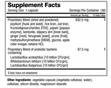 Psyllium, Prune, Ginger ,rice bra, oat bran, bontonite, slippery elm, prune, apple cider, bataine HCL, lactobacillus acidiphulius, bifidobacterium bifidum, lactobacillus bulgaris