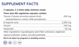 Tribulus extract (fruit) 250mg, d-aspartic acid 1000mg, chrysin 100mg, hespertin 50mg