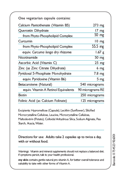 Imagie of table of contents for my skin therapure: Calcium Pantothenate, Quercetin Dihydrate, Phyto-Phospholipid Complex, curcumin, nicotinamide, ascorbic acid, Zinc, pyridoxal 5-Phosphate monohydrate, Pyridoxine, Betacarotene, Vitamin A, Biotin, Folinic Acid, Hypromellose (Capsule), Lecithin (Sunflower), Silicified
Microcrystalline Cellulose, Leucine, Microcrystalline Cellulose,
Maltodextrin (Potato), Colloidal Anhydrous Silica, Sodium Alginate, Pea
Starch, Acacia, Water