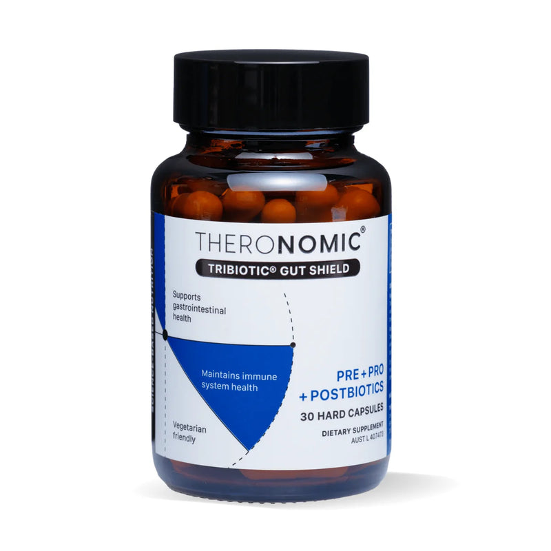 A Supplement container with the name Tribiotic Gut Shield by Theronomic.