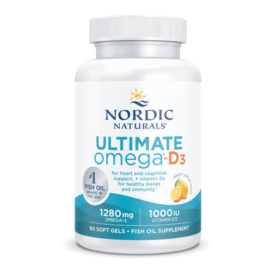 A Supplement container with the name Ultimate Omega-D3 by Nordic Naturals.