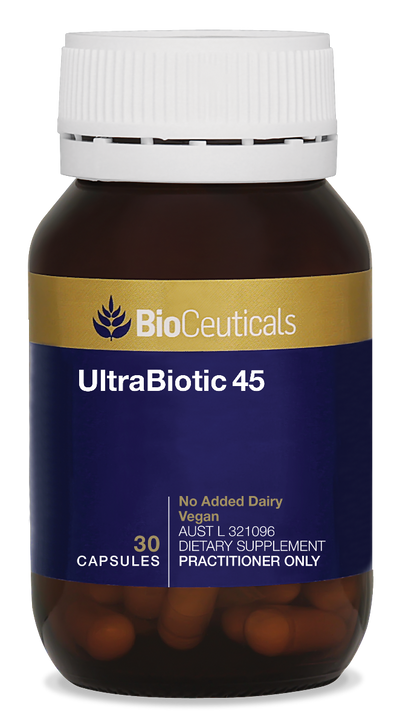 BioCeuticals UltraBiotic 45 30 capsules. Glass amber bottle with blue and gold label.