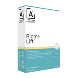 A box of probiotics call Biome Lift. Green and white box.