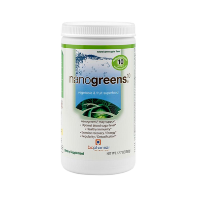 A supplement bottle with the name Nanogreens Biopharma 360g