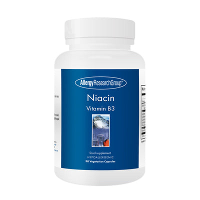 A Supplement container with the name Niacin Vitamin B3 by Allergy Research Group.