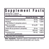 Ingredients including Thiamine hydrochloride, Riboflavin 5 phosphate sodium, Niacin, Inositol hexanicotinate, Nicotinic acid, Vitamin B6, P5P, Pyridoxal 5 phosphate, Biotin, Pantothenic acid, d-calcium pantothenate.