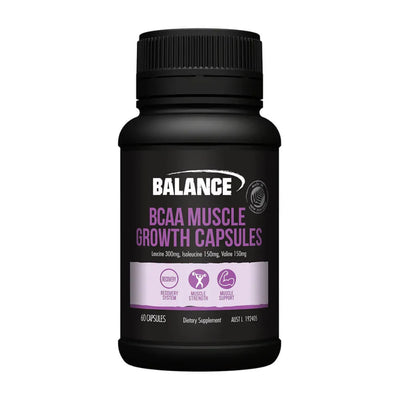 A Supplement container with the name BCAA Muscle Growth Capsules by Balance.