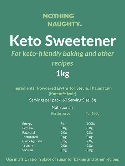 A Supplement label with the name Keto Sweetener 1kg by Nothing Naughty.