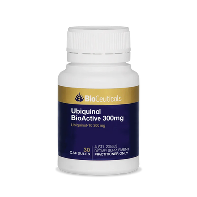 A Supplement container with the name Ubiquinol BioActive 300mg by BioCeuticals.