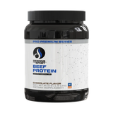 A Supplement container with the name Beef Protein (Chocolate Flavor) by Designs for Sport.