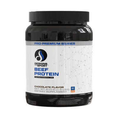 A Supplement container with the name Beef Protein (Chocolate Flavor) by Designs for Sport.