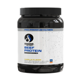 A Supplement container with the name Beef Protein (Vanilla Flavor) by Designs for Sport.