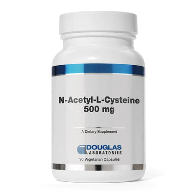 A Supplement container with the name N-Acetyl-L-Cysteine (Nac) 500mg by Douglas Laboratories.