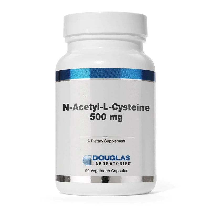 A Supplement container with the name N-Acetyl-L-Cysteine (Nac) 500mg by Douglas Laboratories.