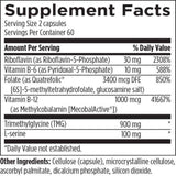 Text describing the ingredients: Riboflavin, Vitamin B-6, Folate, Vitamin B-12, Trimethylglycine,  L-serine.