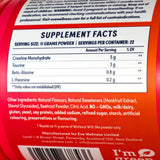 Text describing the ingredients: Creatine Monohydrate, Taurine, Beta-Alanine, L-thenine.