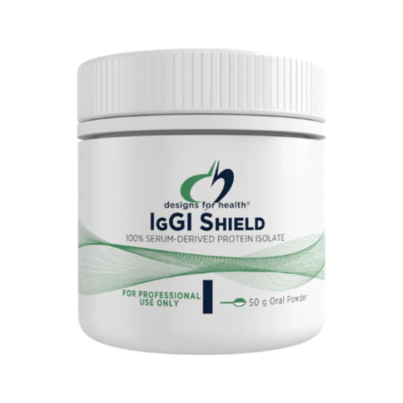 A Supplement container with the name IgGI Shield by Designs for Health.