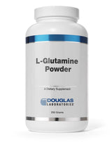 A Supplement container with the name L-Glutamine Powder by Douglas Laboratories.