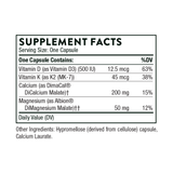 Ingredients including Vitamin D, D3, Vitamin D3, Vitamin K, K2, MK-7, Calcium, Dimacal, Dicalcium Malate, Magnesium, Albion DiManesium Malate.