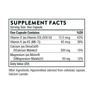 Ingredients including Vitamin D, D3, Vitamin D3, Vitamin K, K2, MK-7, Calcium, Dimacal, Dicalcium Malate, Magnesium, Albion DiManesium Malate.