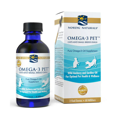 A Supplement container with the name Omega-3 Pet (Liquid) by Nordic Naturals.