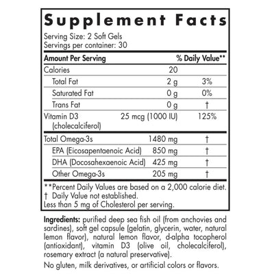 Text describing the ingredients: Vitamin D3, Total Omega-3s, EPA (Eicosapentaenoic Acid), DHA (Docosahexaenoic Acid). 