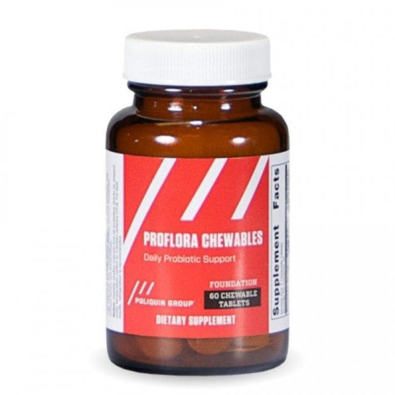 A Supplement container with the name Proflora Chewables by Poliquin.