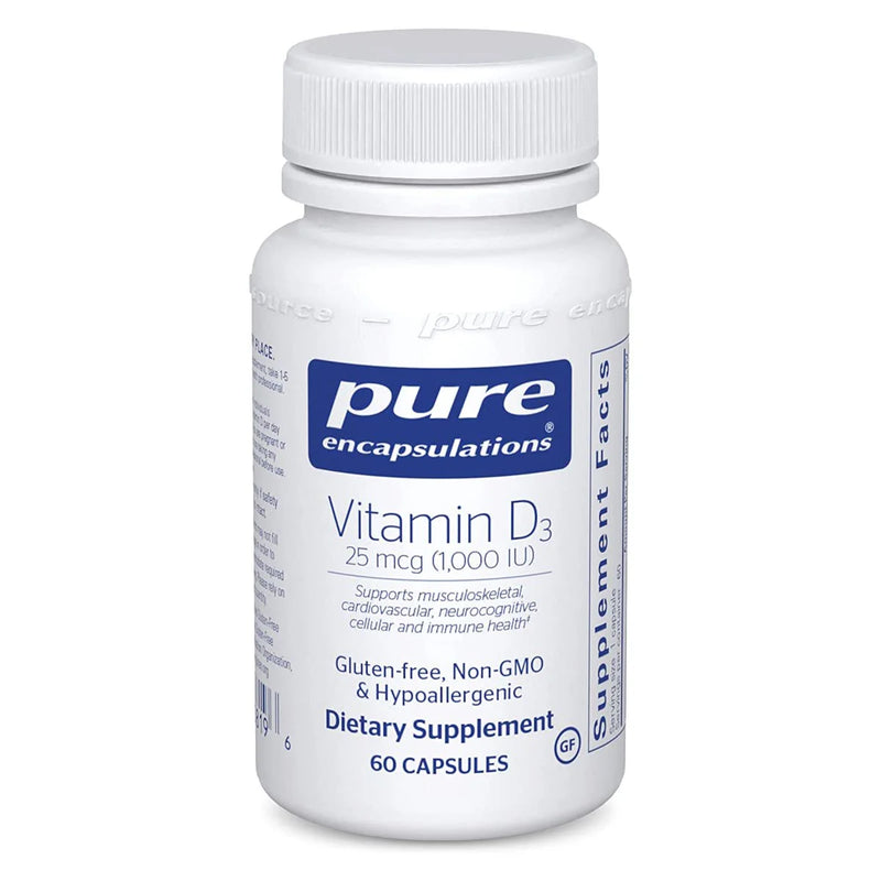 A Supplement container with the name Vitamin D3 (1000IU) by Pure Encapsulations.