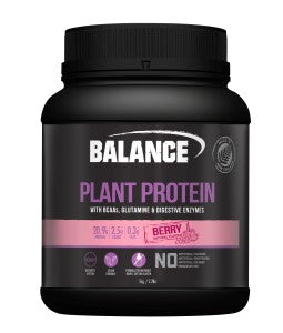 A Supplement container with the name Plant Protein by Balance. ingredients Vanilla flavour: Balance Plant Protein Blend (91%) (Pea Protein Isolate, Brown Rice Protein Concentrate, Chia Protein Powder, Sacha Inchi Powder), Natural Flavours, Amino Acids [L-Glutamine (2%), BCAAs (1%) (L-Leucine, L-Isoleucine, L-Valine)], Vegetable Gums (Xanthan, Guar), Salt, Digestive Enzymes (0.4%) (Bromelain, Papain), Natural Sweeteners (Steviol Glycosides, Thaumatin).