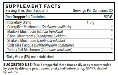 Ingredients including Caterpillar Mushroom, Cordyceps Militaris, Maitake Mushroom, Grifola frondosa, Reishi Mushroom, Ganoderma Lucidum, Shiitake Mushroom, Lentinula edodes, Split Gills Fungus, Schizophyllum commune, Turkey Tail Mushroom, Trametes versicolor.